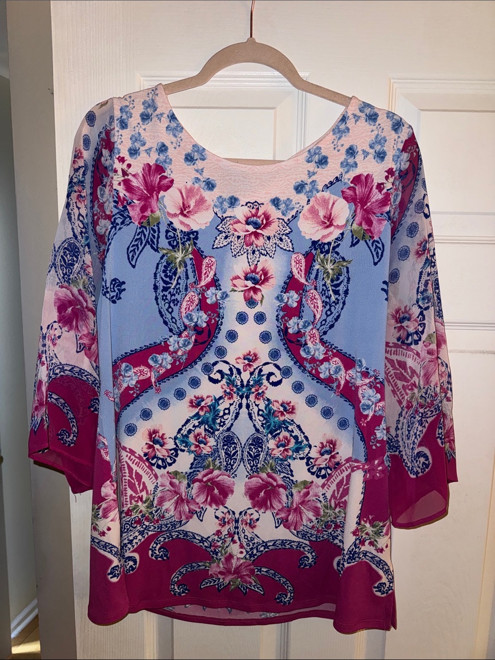 JM Collection Pink and Blue Floral Paisley Scoop-Neck Tunic